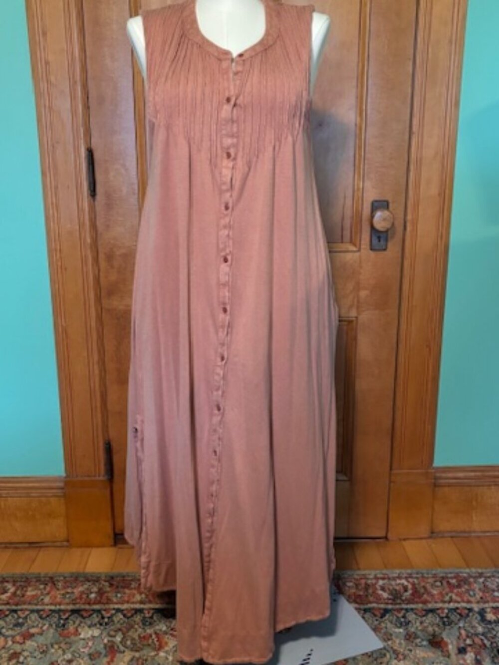 Free People Orange/Tan Button-Down Midi Dress / Duster; Size XL